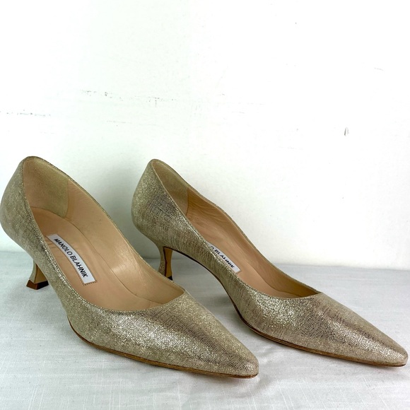 Manolo Blahnik Gold Glitter Fabric Pointy Suede Pumps Size 39 Made in Italy - Picture 6 of 7